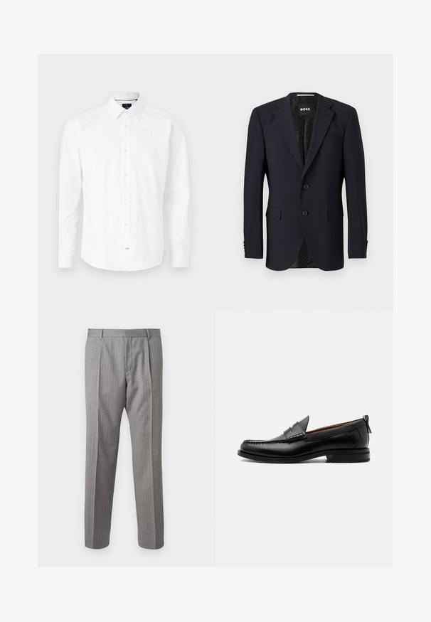 Blazer bleu marine en tissu texturé, avec une fermeture à deux boutons, des revers crantés et deux poches avant. Intérieur doublé avec un motif.; Chemise blanche à manches longues en coton. Présente un col boutonné, une fermeture à boutons à l'avant avec des boutons roses, et un ourlet arrondi.; Pantalon gris à rayures fines avec une coupe ajustée, présentant des plis avant, des passants de ceinture et une texture lisse. Design à jambes droites, ourlets nets.; Mocassin homme en cuir noir avec couture moc toe, bride penny, col texturé et petit talon empilé sur fond blanc.