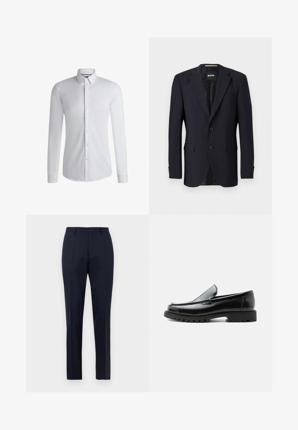 Blazer azul marino hecho de tejido texturizado, con cierre de dos botones, solapas con muesca y dos bolsillos frontales. Interior forrado con un patrón.; Camisa blanca de manga larga hecha de tejido suave, con un cuello abotonado y una fila de botones en la parte delantera. Diseño simple.; Pantalones de vestir para hombre en azul marino, ajustados, con un sutil patrón de cuadros, pasadores para cinturón y pliegue frontal, exhibidos de frente sobre fondo blanco.; Mocasín de cuero negro con suela de goma gruesa, empeine cosido y nombre de la marca en relieve en el talón, mostrado en perfil lateral sobre fondo blanco.