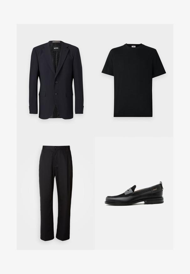 Marineblauer Blazer aus strukturiertem Stoff, mit einer Zwei-Knopf-Verschluss, Reverskragen und zwei vorderen Taschen. Gefüttertes Innenfutter mit Muster.; Schwarzes T-Shirt mit kurzem Arm und Rundhalsausschnitt, flach auf einem weißen Hintergrund liegend, mit einem kleinen Markenlabel im Kragen.; Schwarze Hosen mit geradem Schnitt, aus leichtem Stoff gefertigt. Verfügt über einen vorderen Knopfverschluss und zwei seitliche Taschen; glatte Textur.; Schwarzer Lederloafer mit grauem Riemendetail, niedrigem Absatz und strukturierter Sohle, seitlich mit „HUGO“ in Gold gebrandmarkt.