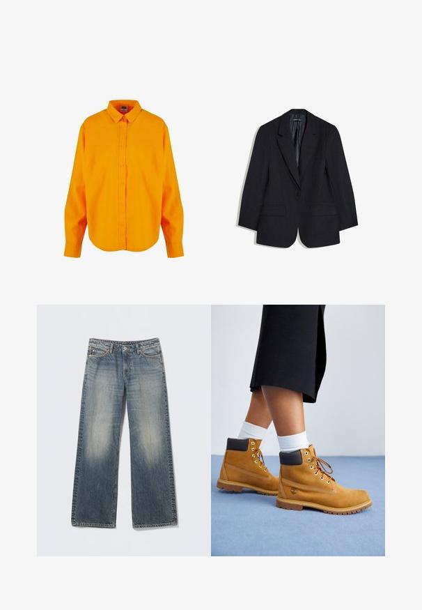 Blazer noir à rayures fines, à un bouton, avec revers à crans et poches à rabat, présenté à plat sur fond blanc.; Chemise boutonnée en orange vif, avec un col classique, des manches longues et un ourlet arrondi. Fabriquée dans un tissu léger au toucher soyeux.; Jean large bleu clair en denim. Zones délavées sur les cuisses et les genoux. Taille standard avec cinq poches et accents métalliques.; Bottines en suede beige avec des accents en cuir marron, des œillets dorés et une semelle texturée. Chaussettes blanches visibles au-dessus des bottines.