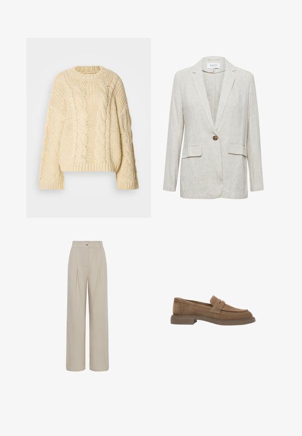 Licht beige linnen blazer met een geknipt revers, enkele knoopsluiting en twee voorzakken met een gestructureerde afwerking.; Crème-kleurige kabelgebreide trui met een ronde halslijn en lange, wijde mouwen. Bevat textuurpatronen en geribbelde manchetten en zoom.; Beige, wijde broek met hoge taille, voorplooien, riemlussen en een knoopsluiting in de taille.; Bruine suède loafers met een lage, vierkante rubberen hak, voorzien van een gestikte rand en dubbele banden over de wreef voor detail.