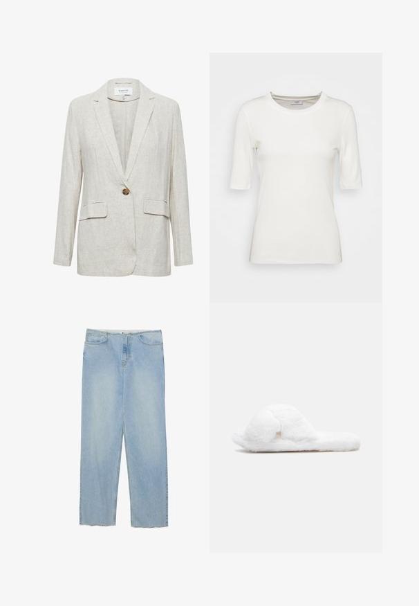 Hellbeige Leinenblazer mit Reverskragen, einreihigem Knopfverschluss und zwei Vorder pockets mit strukturiertem Finish.; Weiße Kurzarm-T-Shirts aus weichem Baumwollstoff. Verfügt über einen runden Halsausschnitt und eine figurbetonte Silhouette. Glatte Textur mit minimalen Details.; Hellblaue Denim-Jeans mit geradem Schnitt, hoher Taille, fünf Taschen und fransigen Saumdetails.; Weiße Plüschhausschuhe mit einer weichen, fellartigen Textur, konturiertem Design und offenem Rückenteil. Flache Sohle für den Innenbereich. Keine sichtbaren Muster oder Akzente.