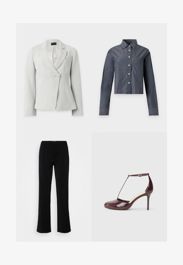 Hvid skræddersyet blazer med lange ærmer, noterede revers, én frontknap og en enkelt brystlomme, vist på ensfarvet baggrund.; Mørkegrå cropped skjorte med hvide lodrette pibstriber, lange ærmer, spidst krave og en forreste brystlomme.; Sorte bukser med flare-design, lavet af et glat stof. Har et elastisk bælte for komfort og en ren, enkel silhuet.; Bordørødt laklæder høje hæle sko med spids tå, ankelrem spænde og T-rem detalje på en neutral baggrund.