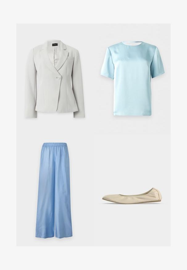 Blazer blanc cintré à manches longues, revers crantés, un bouton à l'avant et une poche poitrine, présenté sur fond uni.; Blouse en satin bleu clair à manches courtes avec un col rond, présentée sur un fond blanc uni.; Pantalon large en satin bleu clair avec taille élastique, doté d'une texture lisse et d'une coupe ample, adapté à un port décontracté.; Ballerine beige en cuir souple avec bout arrondi, profil latéral bas et semelle fine en caoutchouc sur fond blanc uni.