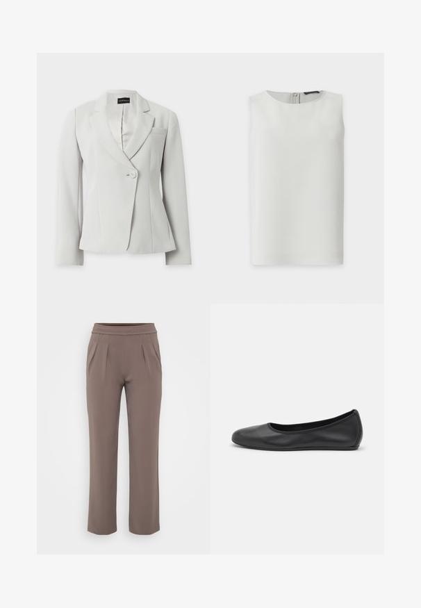 Blazer blanc cintré à manches longues, revers crantés, un bouton à l'avant et une poche poitrine, présenté sur fond uni.; Blouse blanche sans manches avec encolure ronde et fermeture éclair visible dans le dos, présentée sur fond blanc uni.; Pantalons amples taupe avec taille élastique et plis à l'avant, fabriqués en tissu lisse.; Ballerines en cuir noir avec un bout rond, texture lisse, détails de couture minimalistes et design de semelle flexible.