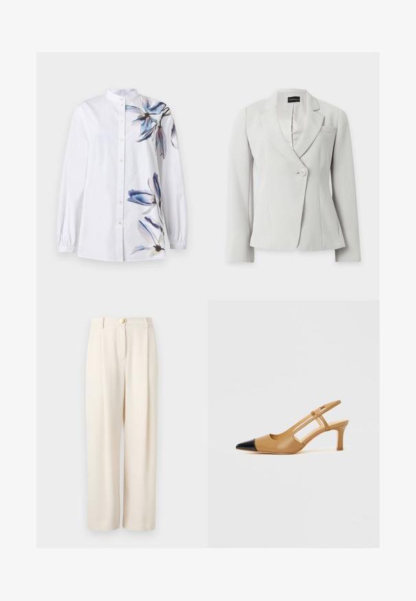 Blazer blanc cintré à manches longues, revers crantés, un bouton à l'avant et une poche poitrine, présenté sur fond uni.; Chemise blanche à manches longues avec boutons et col mandarin, ornée de motifs floraux bleus et violets sur l'épaule droite et le bas du côté gauche.; Pantalon beige à jambes larges en tissu lisse, doté d'une fermeture à un seul bouton, de poches latérales et d'une coupe décontractée pour un port confortable.; Escarpins slingback couleur fauve avec embout pointu noir, côtés découpés et talon bloc de hauteur moyenne. Matière en cuir lisse.