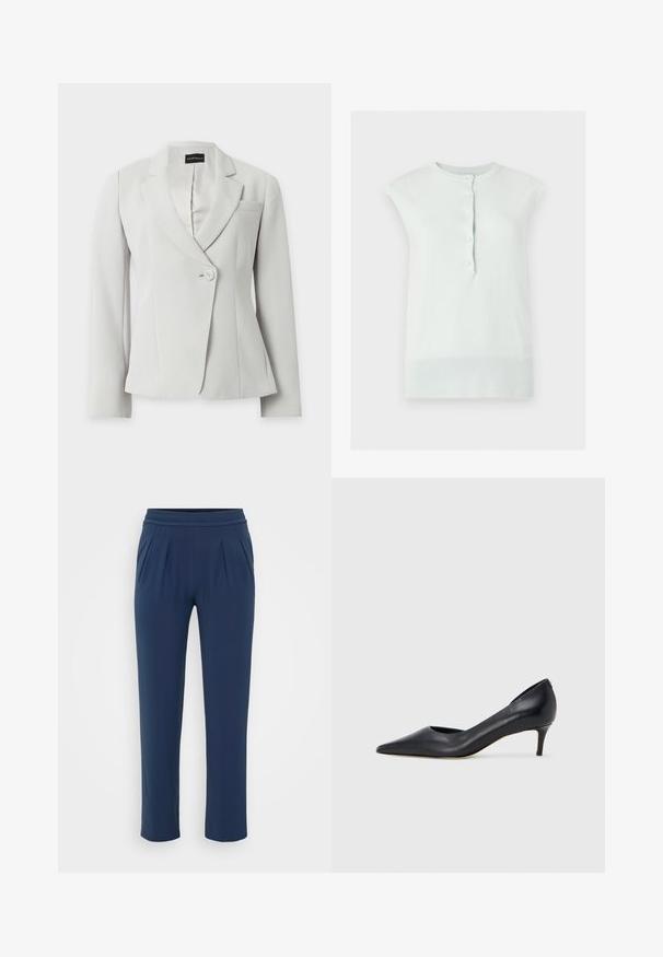 Blazer blanco entallado con mangas largas, solapas con muesca, un botón delantero y un único bolsillo en el pecho, presentado sobre un fondo liso.; Top de punto blanco sin mangas con cuello y bajo acanalados, con una tapeta frontal con cinco botones.; Pantalones de talle alto azul marino con cinturilla elástica, piernas rectas y anchas, y bolsillos laterales, exhibidos sobre un fondo plano.; Zapato de tacón bajo de cuero negro con punta puntiaguda. Presenta una textura lisa y un brillo sutil. Corte abierto en la parte frontal para un detalle adicional.