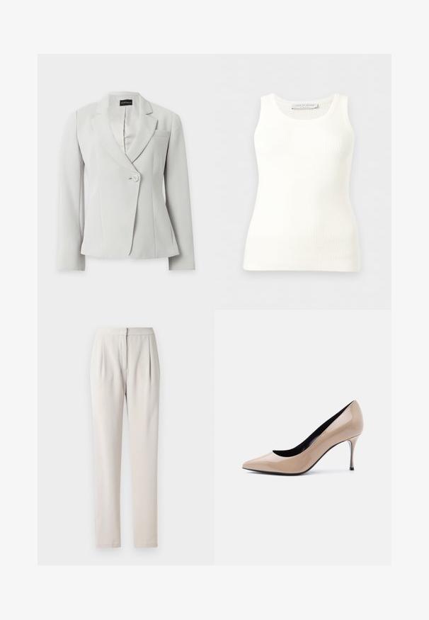 Hvid skræddersyet blazer med lange ærmer, noterede revers, én frontknap og en enkelt brystlomme, vist på ensfarvet baggrund.; Hvid, ribstrikket, ærmeløs tanktop med rund halsudskæring, tætsiddende pasform og mærkeetiket på indersiden af bagkraven.; Beige skræddersyede bukser i et glat, mat stof. Har folder foran og en tætsiddende talje, med lige, slanke ben.; Beige laklæder peep-toe højhælet sko med smal stilet-hæl og sort inderfor på hvid baggrund.
