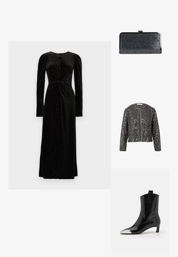 Graue Jacke, die mit silbernen Pailletten bedeckt ist, verfügt über einen runden Hals, lange Ärmel und ein offenes Vorderdesign. Texturierte Oberfläche mit Glanz.; Schwarzes Samtkleid mit langen Ärmeln, einem geknoteten Vorderdesign und weißen Punkten, das eine bodenlange Silhouette hat.; ALOHAS SHIMMER BICOLOR BOOTS - Stiefelette - black/silver; Rechteckige schwarze Clutch mit kleinen glänzenden Perlen bedeckt, silberner Metallrahmen und Verschluss oben.