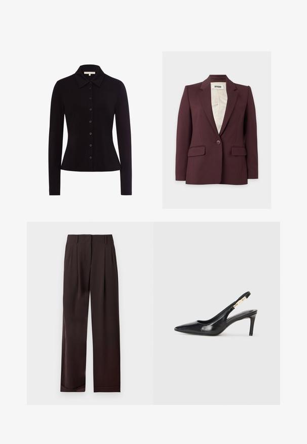 Enkeltknappet mørk blommelilla blazer med notched revers, lange ærmer, to forlommer med klap og enkelt knaplukning.; Sort langærmet skjorte med krave, udstyret med knaplukning foran og en tætsiddende pasform, lavet af glat stof.; Mørkebrune bukser med lige ben, bæltestropper og forreste plisseringer, lagt fladt på en hvid baggrund.; Sort læder slingback højhælede sko med spidse tæer, glat overflade og en smal ankelrem med guldfarvede hardware detaljer.
