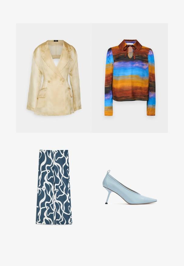 A.W.A.K.E. MODE FITTED JACKET WITH BACK CUT OUT - Blazer - beige; Blouse à manches longues avec un col rond, présentant un motif aquarelle dans des tons de marron, orange, bleu et noir. Des liens au niveau du col ajoutent une touche de détail.; Pantalon à jambes larges en tissu bleu sarcelle foncé avec un motif abstrait blanc ondulé. Texture lisse avec une taille élastique.; Chaussure à talon haut en cuir bleu clair à bout pointu avec talon aiguille fin et languette à l'arrière, vue de côté sur fond blanc.