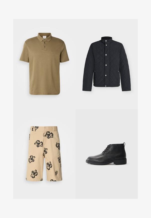 Must tepitud jope püstkrae, ees trukkidega, pikkade varrukate ja küljetaskutega, mis sulguvad truki abil, valgel taustal.; Olive roheline polo-särk pehmest kangast, millel on klassikaline krae, kolm nuppu ja rindkerel väikeste tikanditega logo.; Beeži lühikeste pükside mustris on must hibiski lilleline kujundus. Rohkem on elastne vöökoht ja logo detail alumisel küljel. Valmistatud kergest kangast.; Mustad mustad nahast saapad tekstureeritud viimistlusega, ümmargune varvas, paeltega eest kinni tõmmatavad ja tugevast kummist tald. Tagaküljel on väike tõmbetab.