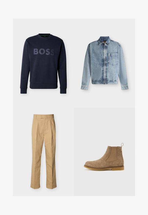 Veste en jean bleu clair avec une fermeture éclair devant, une poche poitrine, un col et des manches longues avec poignets boutonnés.; Sweat-shirt bleu marine à manches longues avec poignets et ourlet côtelés, arborant un lettrage "BOSS" en relief sur la poitrine.; Pantalon beige en coton lisse à taille haute, avec des plis à l'avant et des jambes droites. Aucun équipement visible ni motifs.; Bottine Chelsea en daim marron clair avec panneaux latéraux élastiques, languette de tirage au talon et semelle en caoutchouc.