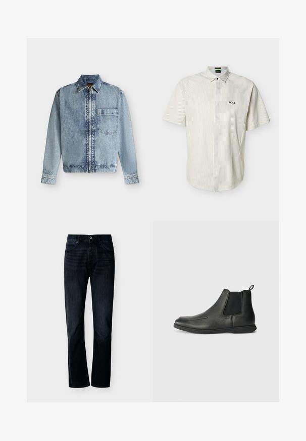 Lyseblå denimjakke med lynlås foran, en enkelt brystlomme, krave og lange ærmer med knapmanchetter.; Kortærmet skjorte med krave, beige striber, knaplukning og "BOSS"-logo broderet på venstre bryst.; Mørk indigoblå jeans med lige ben, lukning foran med knap og lynlås, bæltestropper og fem-lomme-design, vist på ensfarvet lys baggrund.; Sorte læder ankelstøvler med en glat overflade, elastiske sidepaneler og en løkke bagpå. Rundet tå og gummisål.
