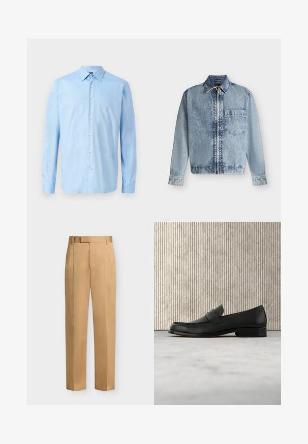 Chaqueta vaquera azul claro con cremallera frontal, un bolsillo en el pecho, cuello y mangas largas con puños abotonados.; Camisa azul claro de manga larga con botones, fabricada en un tejido suave. Presenta un cuello clásico y una tapeta delantera con botones blancos.; Pantalones beige de pernera recta con trabillas para cinturón, pliegues delanteros y cierre de cremallera.; Zapato mocasín de cuero negro flotando sobre una alfombra beige con una mesa redonda marrón brillante al fondo.