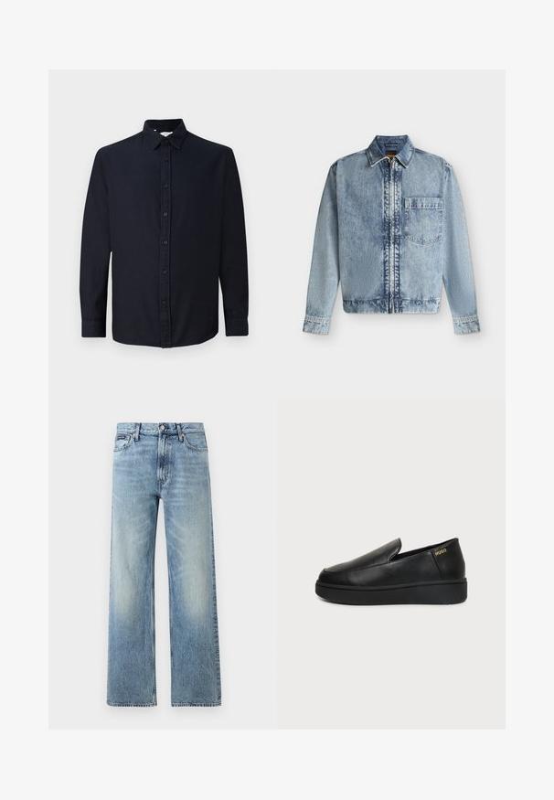 Chaqueta vaquera azul claro con cremallera frontal, un bolsillo en el pecho, cuello y mangas largas con puños abotonados.; Camisa de botones de manga larga en azul marino oscuro con cuello y puños, mostrada plana sobre un fondo claro y sencillo.; Vaqueros de mezclilla azul claro de corte recto con cintura alta, cinco bolsillos, cierre de botón y sutil desgaste en los muslos y las rodillas.; Zapato de cuero negro tipo slip-on con suela gruesa y pequeños orificios de ventilación laterales, con el logo dorado de "HUGO" cerca del talón.