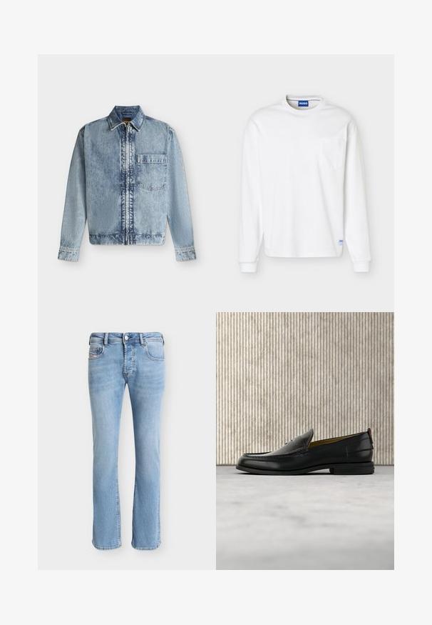 Veste en jean bleu clair avec une fermeture éclair devant, une poche poitrine, un col et des manches longues avec poignets boutonnés.; Chemise blanche à manches longues avec col rond, poche poitrine et étiquette de marque bleue au col et à l'ourlet inférieur.; Jean droit en denim bleu clair avec poches avant, passants de ceinture, fermeture à boutons et coutures visibles sur un fond uni.; Mocassin pour homme en cuir noir avec un dessus embossé effet croco et un petit talon, présenté de profil sur un fond neutre.