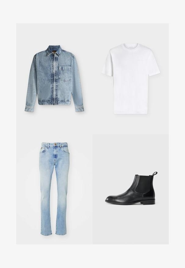 Chaqueta vaquera azul claro con cremallera frontal, un bolsillo en el pecho, cuello y mangas largas con puños abotonados.; Camiseta blanca lisa de manga corta y cuello redondo con un sutil logo en relieve en la parte superior izquierda del pecho, mostrada sobre un fondo blanco.; Vaqueros de mezclilla azul claro con corte recto, que cuentan con cinco bolsillos, un cierre de botón y un ligero desvanecimiento en los muslos y el dobladillo.; Botín negro de cuero hasta el tobillo con paneles elásticos a los lados, punta redondeada y lengüeta. Textura suave, suela plana, diseño minimalista.