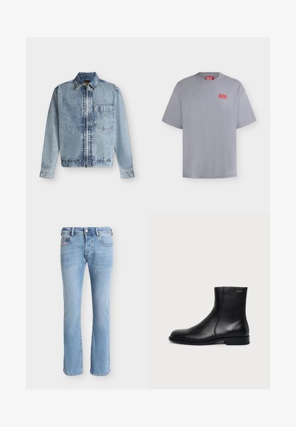 Veste en jean bleu clair avec une fermeture éclair devant, une poche poitrine, un col et des manches longues avec poignets boutonnés.; T-shirt gris clair à manches courtes de la marque Diesel avec un petit logo Diesel rouge sur la poitrine gauche et une étiquette rouge à l'intérieur du col.; Jean droit en denim bleu clair avec poches avant, passants de ceinture, fermeture à boutons et coutures visibles sur un fond uni.; Bottine en cuir noir à talon bas, couture latérale et petit logo "HUGO" sur le revers supérieur sur un fond uni.