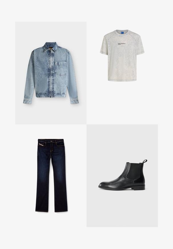 Chaqueta vaquera azul claro con cremallera frontal, un bolsillo en el pecho, cuello y mangas largas con puños abotonados.; Camiseta de manga corta color gris claro con cuello redondo, textura sutil de mármol y pequeño logo "KARL LAGERFELD JEANS" centrado en el pecho.; Jeans de mezclilla de color azul oscuro con corte recto, con costuras naranjas, cremallera en la bragueta y bolsillos delanteros. Textura suave y cinturilla estándar.; Botín negro de cuero hasta el tobillo con paneles elásticos a los lados, punta redondeada y lengüeta. Textura suave, suela plana, diseño minimalista.