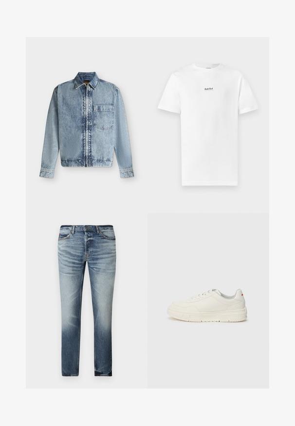 Lichtblauwe spijkerjas met een rits aan de voorkant, een borstzakje, een kraag en lange mouwen met knoopmanchetten.; Wit katoenen T-shirt met een ronde hals en korte mouwen. Voorzien van een klein zwart "Boss Club"-logo gecentreerd op de borst.; Lichtblauwe spijkerbroek met een rechte snit, lichte vervaging en whiskering-effecten, vijf zakken en een veilige knoopsluiting.; Witte sneakers met een glad leren bovenwerk, ronde neus, platte veters en een gestructureerde rubberen zool. Een rode accent op de hiel.