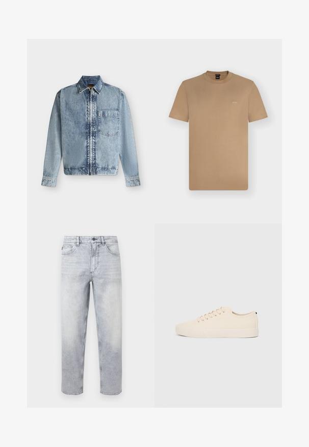 Veste en jean bleu clair avec une fermeture éclair devant, une poche poitrine, un col et des manches longues avec poignets boutonnés.; T-shirt marron clair à manches courtes et col rond avec petit logo blanc "BOSS" sur la poitrine gauche, présenté sur un fond uni clair.; Jean en denim gris clair délavé pierre avec fermeture par bouton et fermeture éclair, poches avant et arrière, coupe droite.; Baskets en toile beige avec bout arrondi, semelle en caoutchouc plate et lacets à l'avant. Présente un design minimaliste et un accent noir contrastant au niveau du talon.