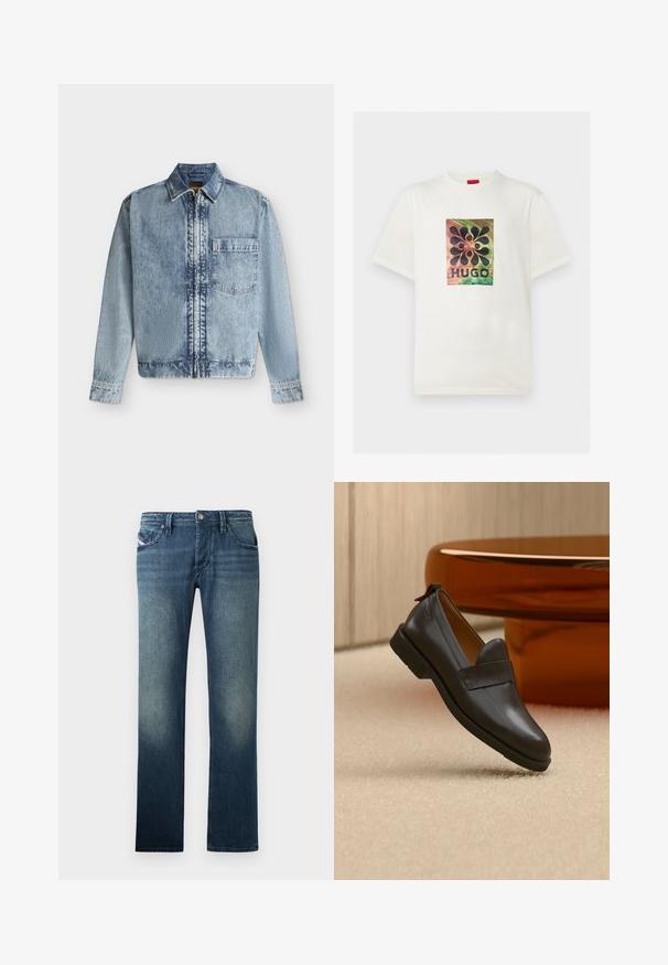 Lyseblå denimjakke med lynlås foran, en enkelt brystlomme, krave og lange ærmer med knapmanchetter.; Hvid T-shirt med korte ærmer med flerfarvet abstrakt design og sorte former over teksten "HUGO" på brystet.; Dongeribukser i mørkeblue med en klassisk lige ben-pasform. Har fem lommer og subtil bleget effekt for ekstra tekstur. Knapper og syninger er synlige.; Sort læderloafer med lav hæl svævende over beige tæppe ved siden af et blankt ravfarvet bord i et minimalistisk rum.
