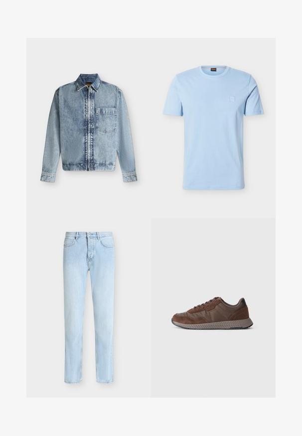 Lyseblå denimjakke med lynlås foran, en enkelt brystlomme, krave og lange ærmer med knapmanchetter.; Lyseblå T-shirt med korte ærmer og rund hals, med en lille præget firkantet logo på venstre bryst og en mærketags i nakken.; Lyseblå jeans med lige ben, fem lommer, bæltestropper og lukning foran med knap og lynlås.; Brune sneakers med en blanding af glatte og ruskind materialer, rund tå, tekstureret gummisål og kontrastfyldt sort hælkvotering.