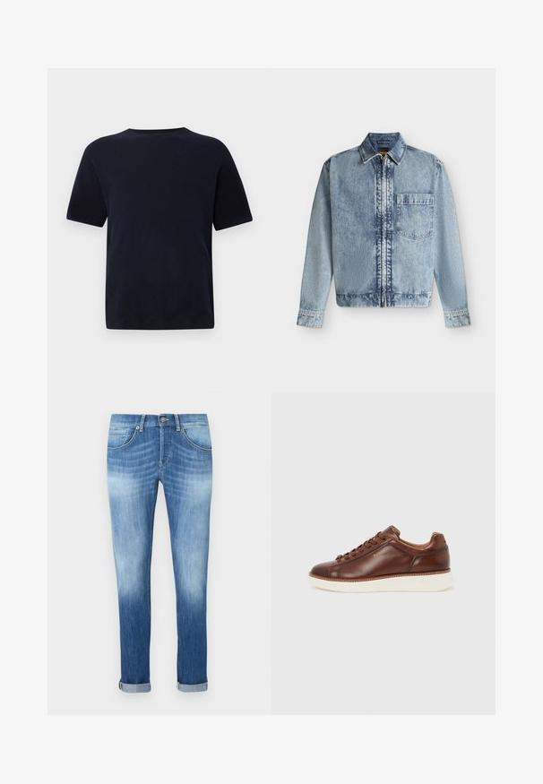 Hellblaue Jeansjacke mit Frontreißverschluss, einer Brusttasche, einem Kragen und langen Ärmeln mit geknöpften Manschetten.; Marineblaue Baumwoll-T-Shirt mit Rundhalsausschnitt, kurzen Ärmeln und geradem Schnitt. Glatte Textur, keine sichtbaren Muster oder Akzente.; Schmal geschnittene blaue Jeans mit umgeschlagenen Säumen, vorderer Knopfleiste und Taschennaht-Details, mit ausgewaschenem Look an Oberschenkeln und Unterschenkeln.; Brauner Sneaker aus Leder mit Schnürung, weißer Gummisohle, niedrigem Profil und eingeprägtem "BOSS"-Logo an der Seite.