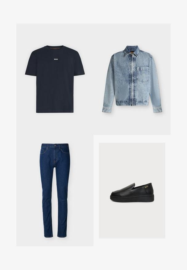Hellblaue Jeansjacke mit Frontreißverschluss, einer Brusttasche, einem Kragen und langen Ärmeln mit geknöpften Manschetten.; Marineblaues Kurzarm-T-Shirt mit Rundhalsausschnitt und kleinem weißen "BOSS"-Logo mittig auf der Brust.; Dunkelblaue Denim-Jeans mit schmaler Passform, Fünf-Taschen-Design, sichtbaren Nahtdetails und Knopfverschluss an der Taille. Glatte Textur.; Schwarzer Leder-Slipper mit dicker Sohle und kleinem goldenem "HUGO"-Logo nahe der Ferse auf hellem Hintergrund.