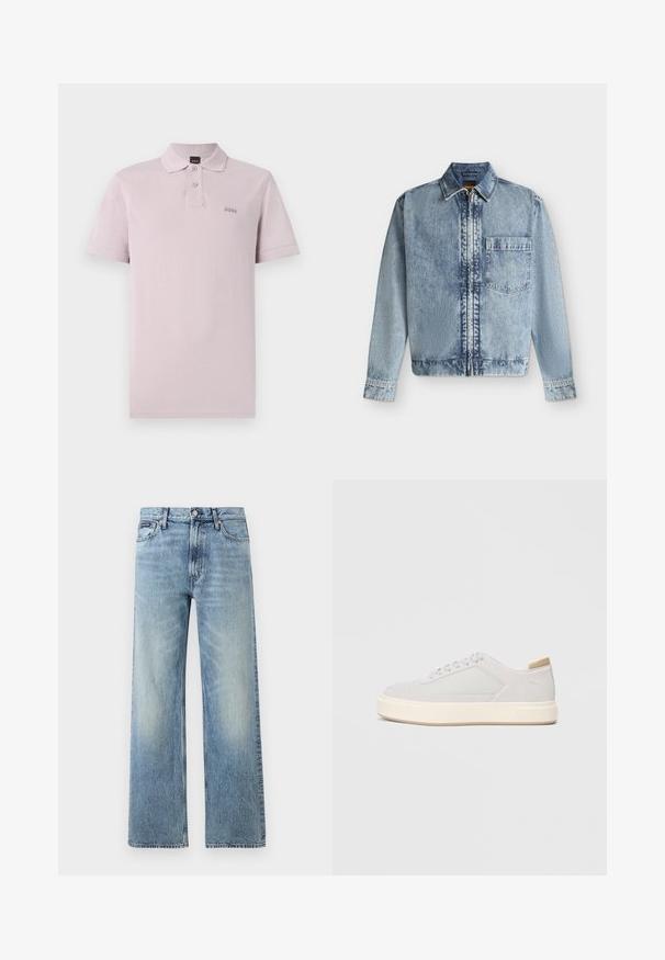 Veste en jean bleu clair avec une fermeture éclair devant, une poche poitrine, un col et des manches longues avec poignets boutonnés.; Polo à manches courtes de couleur violet clair, fabriqué en tissu texturé. Il présente un col classique, une patte de boutonnage à deux boutons et un logo discret sur la poitrine.; Jean droit en denim bleu clair avec taille haute, cinq poches, fermeture à boutons et léger délavage sur les cuisses et les genoux.; Baskets gris clair avec une tige synthétique lisse, un bout rond et une semelle intermédiaire texturée couleur crème. Accents beige clair au niveau du talon.