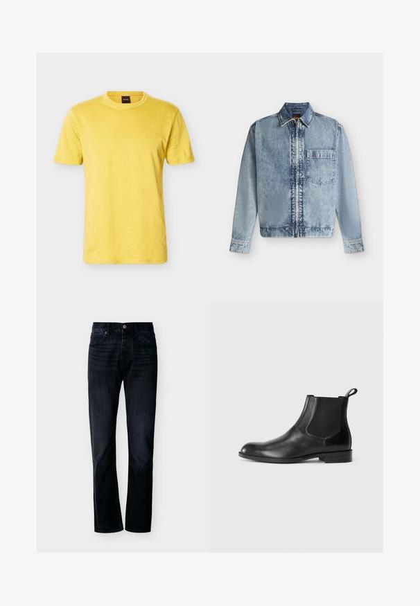 Veste en jean bleu clair avec une fermeture éclair devant, une poche poitrine, un col et des manches longues avec poignets boutonnés.; T-shirt jaune à manches courtes et col rond avec un logo BOSS discret sur la poitrine gauche et une étiquette de col noire.; Jean droit couleur indigo foncé avec fermeture avant à boutons et zip, passants pour ceinture et design à cinq poches, présenté sur un fond clair uni.; Bottine en cuir noir avec des panneaux latéraux élastiques, bout rond et tirette. Texture lisse, semelle plate, design minimaliste.