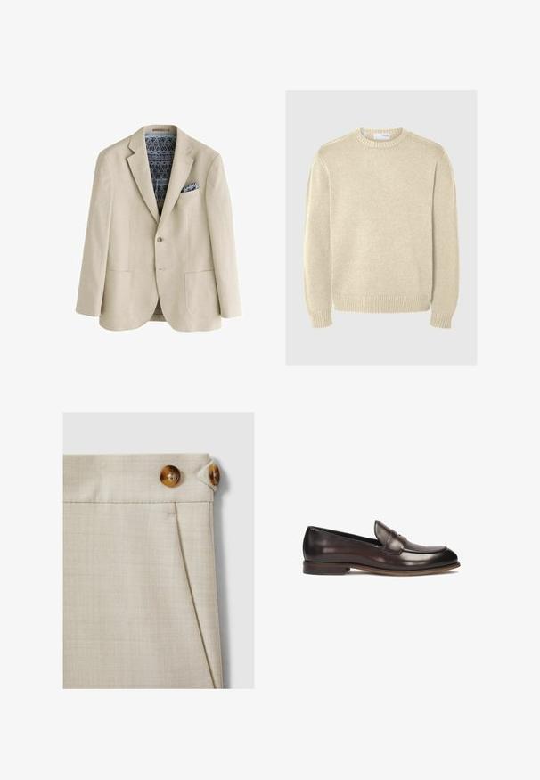 Beige blazer met twee voorzakken, enkele knoop, blauw-zwarte patroonvoering en bijpassend patroon pochet.; Lichtbeige gebreide trui met ronde halslijn, lange mouwen, ribgebreide boorden en zoom. Gladde textuur met een gemiddelde dikte patroon.; Beige stoffen broek met een gestructureerde afwerking, voorzien van twee bruine knopen in de tailleband en een subtiel plooi-detail.; Donkerbruine leren loafers met een ronde neus, verhoogde stiksels en een lichte hak. Gladde textuur en klassiek ontwerp.