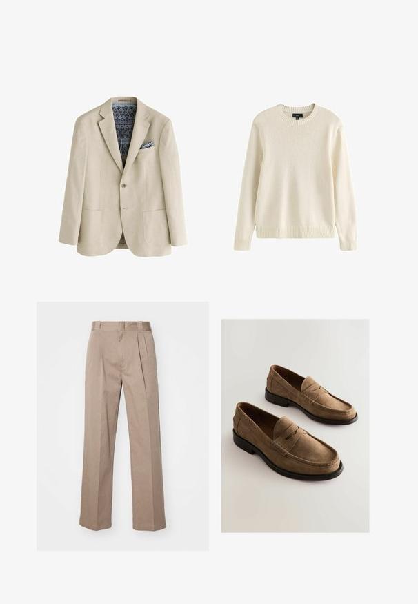 Beiger Blazer mit zwei Vordertaschen, einem Knopf, gemustertem blau-schwarzem Futter und passendem gemustertem Einstecktuch.; Cremefarbener langärmliger Strickpullover mit geripptem Rundhalsausschnitt, Bündchen und Saum, Größe Medium, Marke Next.; Beige, hoch taillierte Hosen mit weit geschnittenem Design. Verfügbar mit zwei Vorderfalten und einer glatten Textur. Standardlänge mit einem sauberen Finish.; Braune Wildleder-L loafers mit einem Mokassin-Design, gestickte Details und einer glatten Ledersohle. Mit einer dezenten erhobenen Naht über der Schuhoberseite.