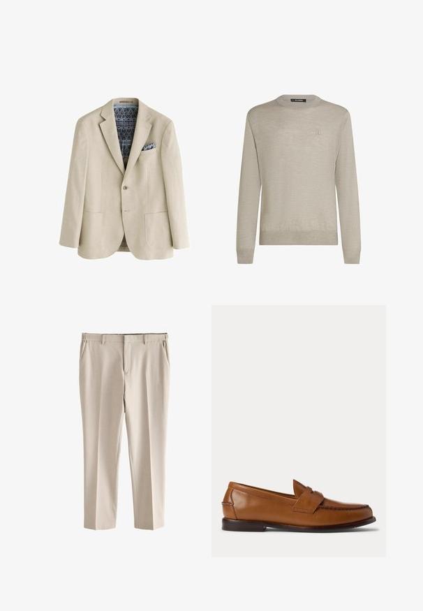 Beiger Blazer mit zwei Vordertaschen, einem Knopf, gemustertem blau-schwarzem Futter und passendem gemustertem Einstecktuch.; Hellbeiger Pullover mit Rundhalsausschnitt, langen Ärmeln und dezentem kleinen Logo-Stick auf der linken Brust.; Beige schmal geschnittene Anzughose mit Gürtelschlaufen, Seitentaschen und vorderem Reißverschluss, flach auf weißem Hintergrund dargestellt.; Brauner Leder-Penny-Loafer mit niedrigem Absatz und gesteppten Details an Vorder- und Seitenpartien, seitlich auf weißem Hintergrund dargestellt.
