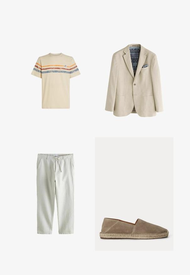 Beige blazer med to forlommer, enkelt knap, mønstret blå og sort for, og matchende mønstret lommetørklæde.; Cremefarvet bomulds t-shirt med horisontale striber i orange, rød og blå. Korte ærmer, rund halsudskæring og lille logo-detail på brystet.; Lysebeige afslappede bukser med snøre i taljen, sidelommer, bæltestropper og lige ben.; Beige ruskind espadrille sko med flettet juttesål og lukket rundet tå, vist fra siden på en ensfarvet baggrund.