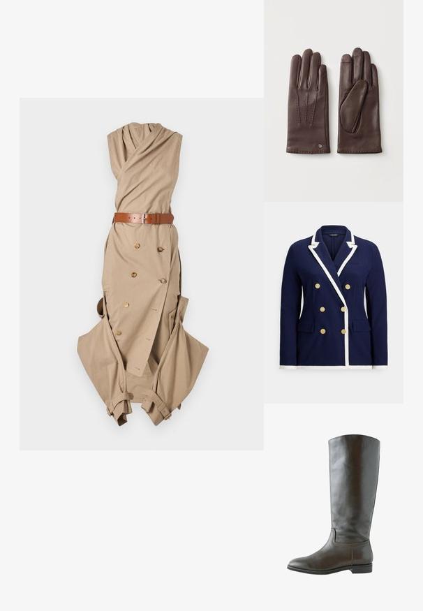 Blazer croisé bleu marine avec bordure blanche, boutons dorés, col à revers cranté et poches à rabat à l'avant.; Robe cache-coeur beige avec un col froncé, une ceinture avec boucle en argent, un détail de boutons croisés, et des manches amples.; Botte en cuir marron montant, avec une texture lisse, un bout arrondi et peu de détails de couture. Semelle plate avec un petit talon.; Paire de gants en cuir brun foncé, l'un montrant le dos avec des coutures décoratives et un logo, l'autre montrant la paume.
