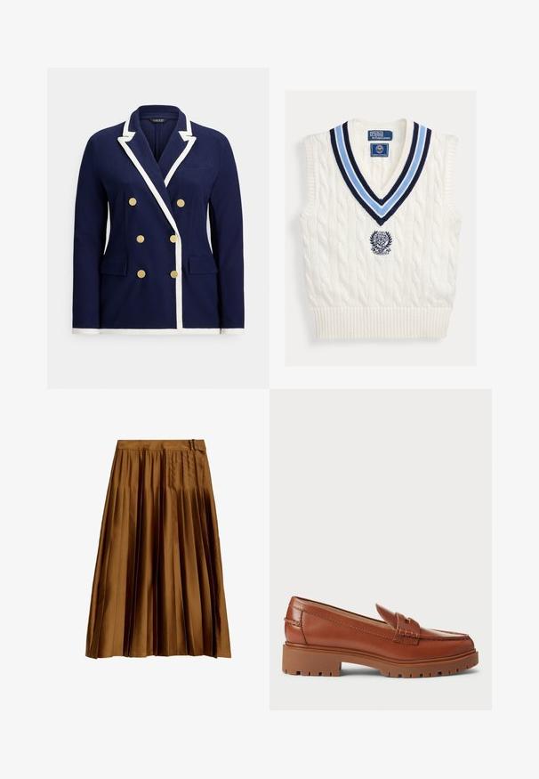 Marineblå dobbeltradet blazer med hvid kant, guldknapper, notched revers og lommer med klap foran.; Hvid kabelstrikket ærmeløs sweatervest med blåstribet V-hals og Polo Ralph Lauren Wimbledon-logo på brystet.; Brun satin plisseret midi-nederdel med en høj talje og suedetailer, vist fladt på en hvid baggrund.; Brune læder loafers med en moccasin-foddesign, synlig syning og en kraftig, tekstureret gummisål. Hardware i guldfarve som accent.