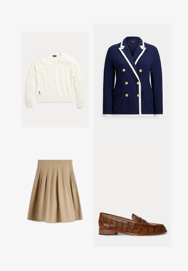 Marineblauwe dubbelrijige blazer met witte bies, gouden knopen, revers met inkeping en voorzakken met klep.; Witte katoenen trui met een geribde ronde hals en manchetten, voorzien van een klein blauw logo aan de linker onderzijde. Zachte textuur, standaard pasvorm.; Beige knielange geplooide rok met brede tailleband en plooi-boxen, gemaakt van gladde stof, weergegeven op een witte achtergrond.; Bruine leren loafer met krokodillenpatroon, lage houten hak en een riem over de bovenkant, getoond tegen een effen achtergrond.