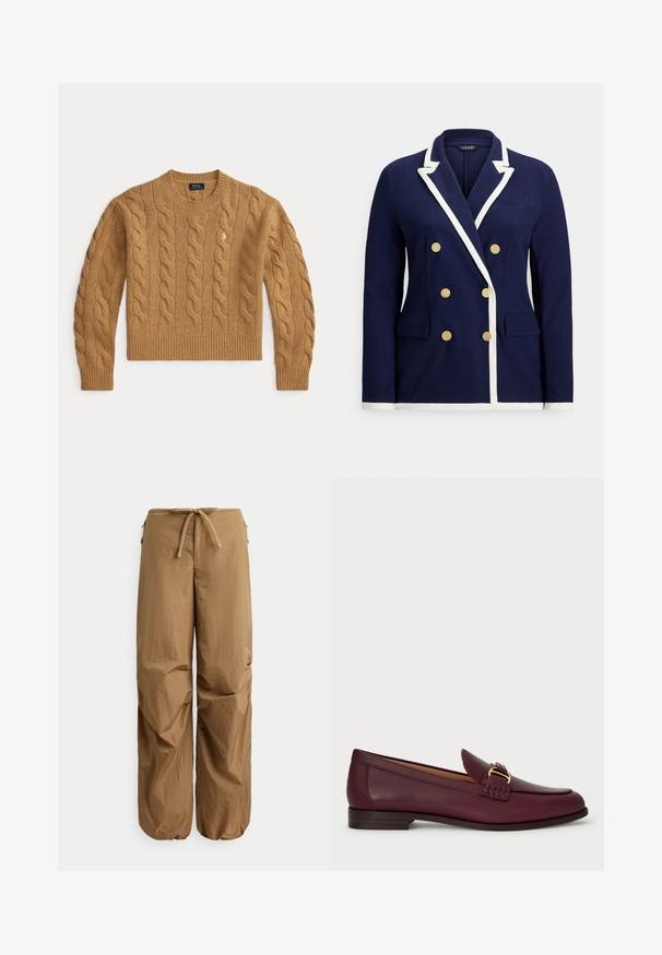 Marineblauwe dubbelrijige blazer met witte bies, gouden knopen, revers met inkeping en voorzakken met klep.; Camelbruine kabelgebreide wollen trui met lange mouwen en geribbelde boorden en zoom, met een klein geborduurd logo op de borst.; Bruine loszittende broek met elastische tailleband met trekkoord, ritszakken aan de zijkant en elastische, geplooide boorden bij de enkels.; Bordeaux leren loafers met een gladde afwerking, voorzien van een decoratieve gesp en stikdetails, een platte houten hak en een ronde neus.