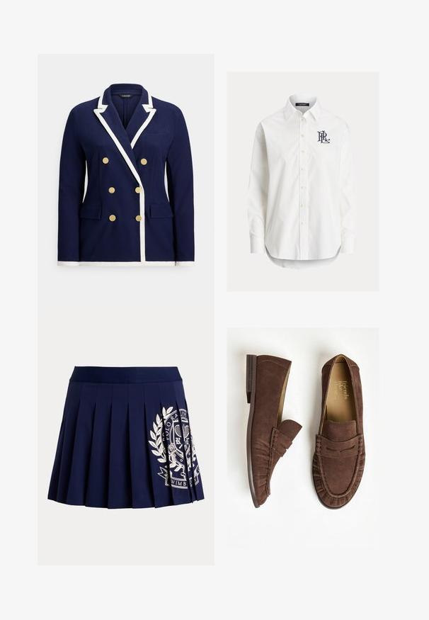 Marineblå dobbeltradet blazer med hvid kant, guldknapper, notched revers og lommer med klap foran.; Hvid langærmet skjorte med knapper og spidser krave samt sort broderet logo på venstre bryst.; Marineblå plisseret nederdel med bred linning og hvid tennisinspireret logo på nederste højre side.; Brune ruskinds loafers med flad hæl, der har et plisseret design og stikninger. Indvendigt har de en lys foring.