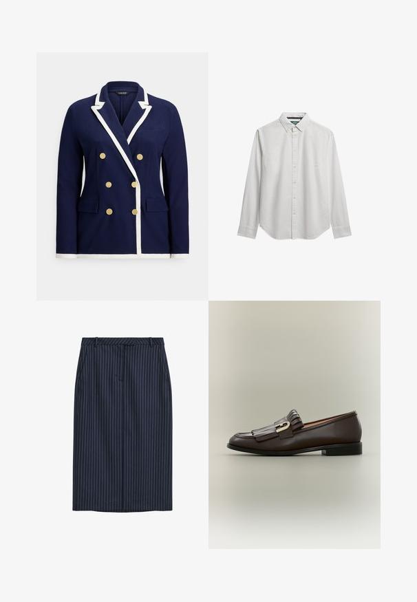 Marineblå dobbeltradet blazer med hvid kant, guldknapper, notched revers og lommer med klap foran.; Langærmet hvid skjorte med knapper og button-down krave, vist på en hvid baggrund.; Marineblå striberet blyantskirt med lige snit, frontlommer, taljebånd og en glat tekstur. Ingen synlige lukninger eller spænder.; Mørkebrune læderloafer med frynsedetalje og guldbeslag på en neutral baggrund, sidevisning.