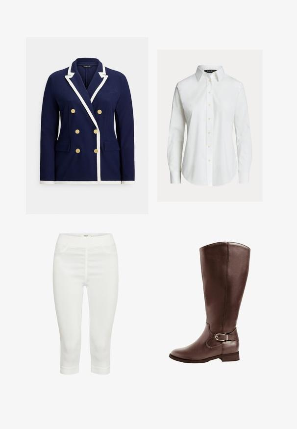 Marineblå dobbeltradet blazer med hvid kant, guldknapper, notched revers og lommer med klap foran.; Hvid skjorte med lange ærmer, knapper foran, spids krave og let buet kant.; Hvide capri-bukser lavet af et strækbart stof, med en glat tekstur, to forlommer og en behagelig elastisk talje.; Brune læder knæhøje støvler med rund tå, glat tekstur og en dekorativ spænde detalje ved ankelen samt en lav stablet hæl.