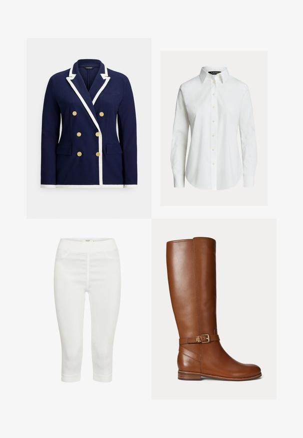 Marineblauwe dubbelrijige blazer met witte bies, gouden knopen, revers met inkeping en voorzakken met klep.; Witte overhemd met lange mouwen, knopen aan de voorkant, puntige kraag en licht gebogen zoom.; Witte capri-broeken van rekbaar materiaal, met een gladde textuur, twee voorkwalme zakken en een comfortabele elastische tailleband.; Bruine leren kniehoge laars met een kleine gouden gesp en het "RL" logo op de band bij de enkel, platte hak en een gladde afwerking.