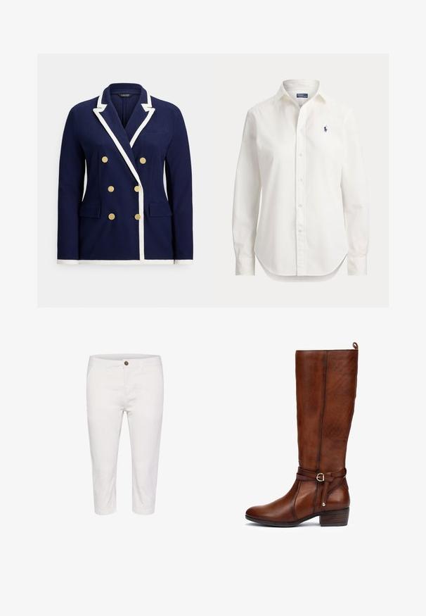 Marineblauer zweireihiger Blazer mit weißem Besatz, goldenen Knöpfen, Revers mit Kerbe und vorderen Pattentaschen.; Weißes langärmliges Hemd mit Knöpfen, Kragen und kleinem blauem Logo eines Polospielers auf der linken Brust.; Weiße, aus Baumwolle gefertigte, cropped Hosen mit Knopfverschluss, die über Fronttaschen und eine glatte Oberfläche verfügen. Einfaches Design und gerader Schnitt.; Braune Lederstiefel bis zum Knie mit runder Zehenform, seitlichem Schnallenakzent und klobigem Absatz. Texturierte Oberfläche und dekoratives Riemen-Detail.