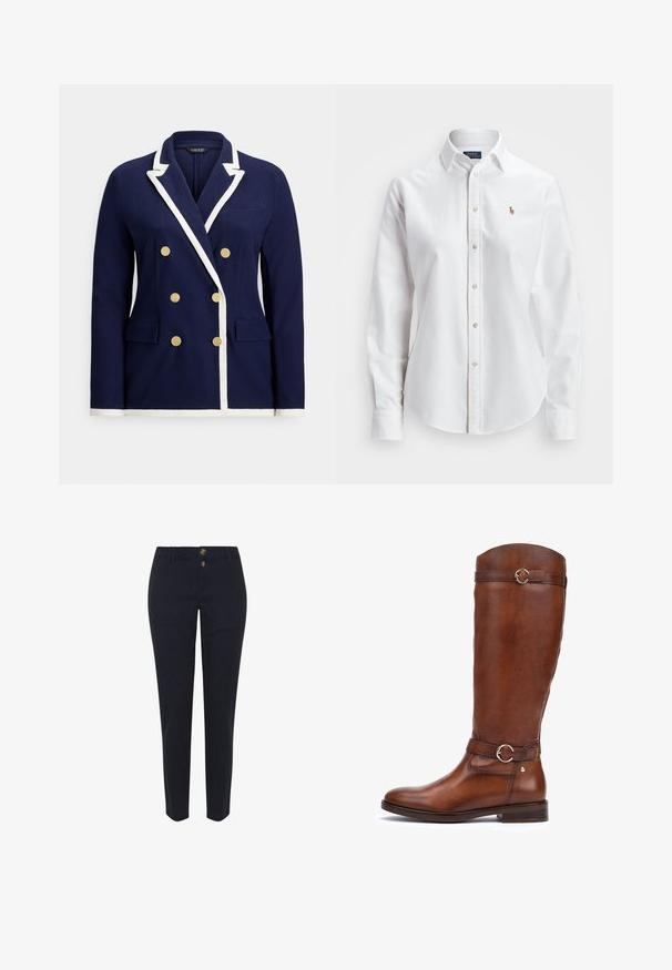 Marineblauwe dubbelrijige blazer met witte bies, gouden knopen, revers met inkeping en voorzakken met klep.; Witte, lange mouwen, button-up overhemd van katoen, met een klassieke kraag en een klein geborduurd logo op de borst.; Navyblauwe katoenen broek met een rechte pasvorm, voorzien van twee goudkleurige knopen en standaard riemlussen. Gladde textuur, geen patronen.; Bruine leren laarzen tot de knie met een gladde afwerking, een ronde neus, een decoratieve band met een ronde gesp en een lage stapelhak.
