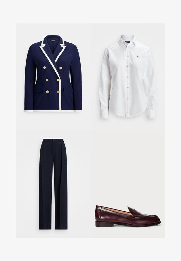 Marineblå dobbeltradet blazer med hvid kant, guldknapper, notched revers og lommer med klap foran.; Hvid langærmet skjorte med knapper lavet af bomuld, der har en klassisk krave og et lille broderet logo på brystet.; Mørkeblå brede bukser med folder, knappelukning og en glat stofstruktur. Designet til en løs og komfortabel pasform.; Bordeaux lær loafers med en glat finish, rund tå, dekorativ syning og en lav hæl. Indersiden har en blød beige foring.