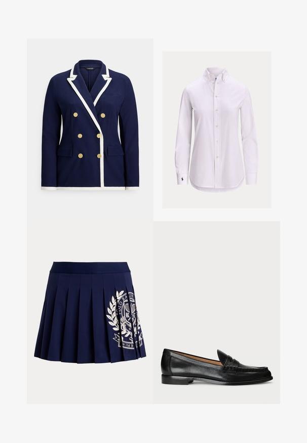 Marineblauwe dubbelrijige blazer met witte bies, gouden knopen, revers met inkeping en voorzakken met klep.; Witte blouse met lange mouwen, knoopsluiting, een knoopsluitkraag en een klein geborduurd logo op de linkermanchet.; Marineblauwe geplooide rok met brede tailleband en wit tennis-thema wapenlogo aan de rechteronderkant.; Lauren Ralph Lauren WYNNIE - Instappers - black