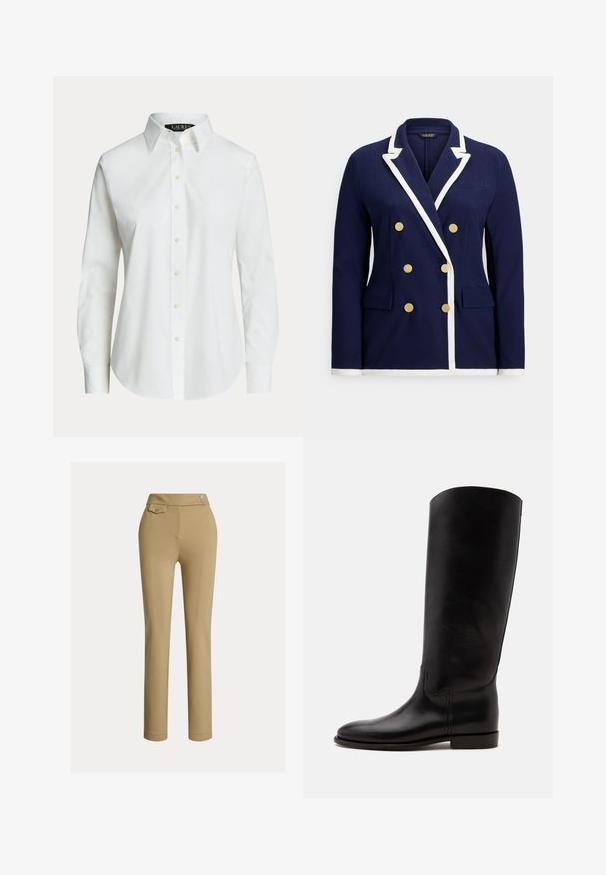 Blazer cruzado azul marino con ribete blanco, botones dorados, solapa con muesca y bolsillos con solapa delanteros.; Camisa blanca de manga larga con botones, con cuello clásico y botones delanteros visibles, mostrada sobre un fondo liso.; Pantalones beige ajustados con una textura suave, cintura alta, dos botones decorativos y un bolsillo trasero. Diseño de pierna recta.; Bota alta de cuero negro con suela plana y puntera redondeada, mostrada de lado sobre un fondo claro.
