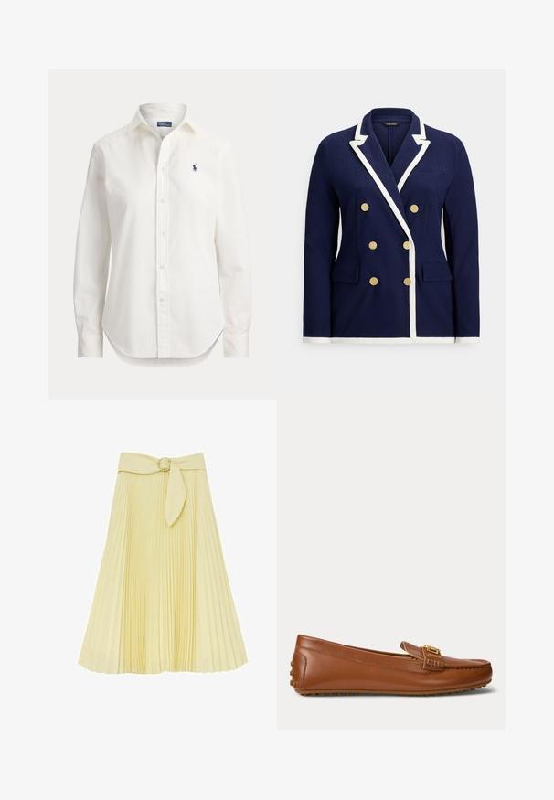 Blazer croisé bleu marine avec bordure blanche, boutons dorés, col à revers cranté et poches à rabat à l'avant.; Chemise blanche à manches longues avec boutons, col et petit logo bleu d’un joueur de polo sur la poitrine gauche.; Jupe midi plissée jaune pâle avec une large ceinture, dotée d'une ceinture en tissu et d'une boucle circulaire torsadée en métal doré.; Mocassin en cuir marron avec détail boucle dorée, semelle en caoutchouc avec crampons au talon et sous la semelle.